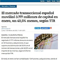 El mercado transaccional espaol moviliz 3.777 millones de capital en enero, un 40,5% menos, segn TTR